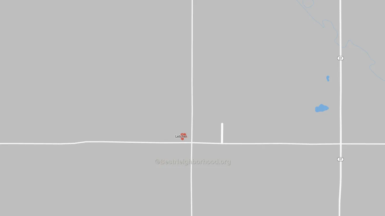 Walk Grade map of Letcher, SD, walkable areas in green and car-dependent areas in red