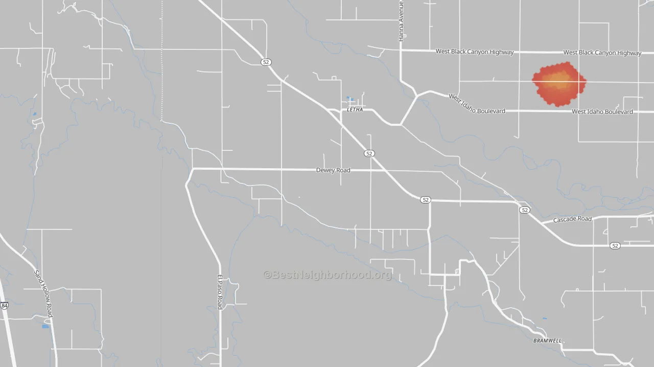 Walk Grade map of Letha, ID, walkable areas in green and car-dependent areas in red