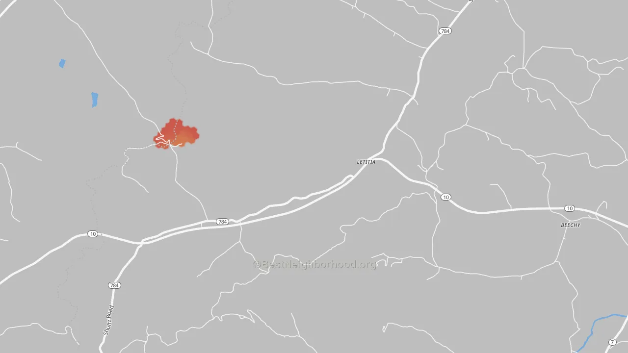 Walk Grade map of Letitia, KY, walkable areas in green and car-dependent areas in red