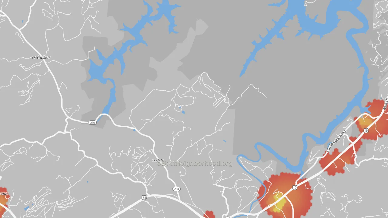 Walk Grade map of Letitia, NC, walkable areas in green and car-dependent areas in red
