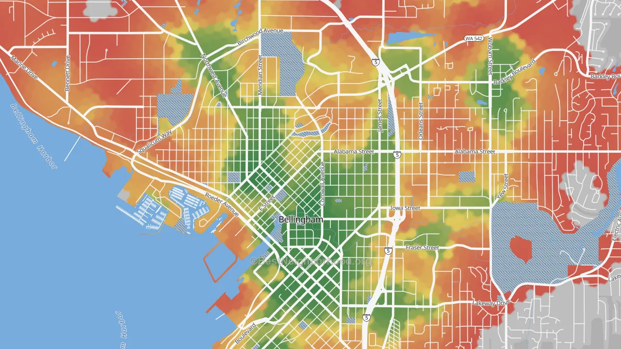 Walk Grade map of Lettered Streets, Bellingham, WA, walkable areas in green and car-dependent areas in red