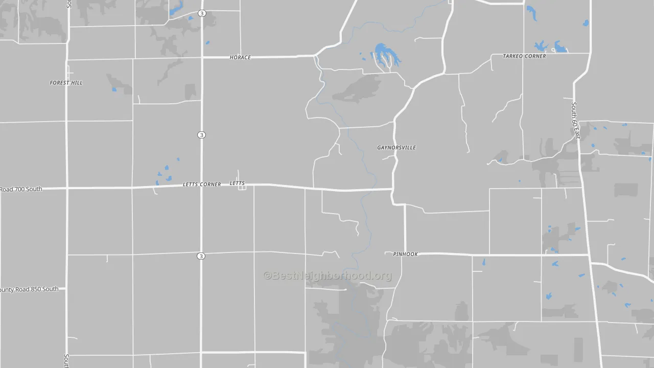 Walk Grade map of Letts, IN, walkable areas in green and car-dependent areas in red