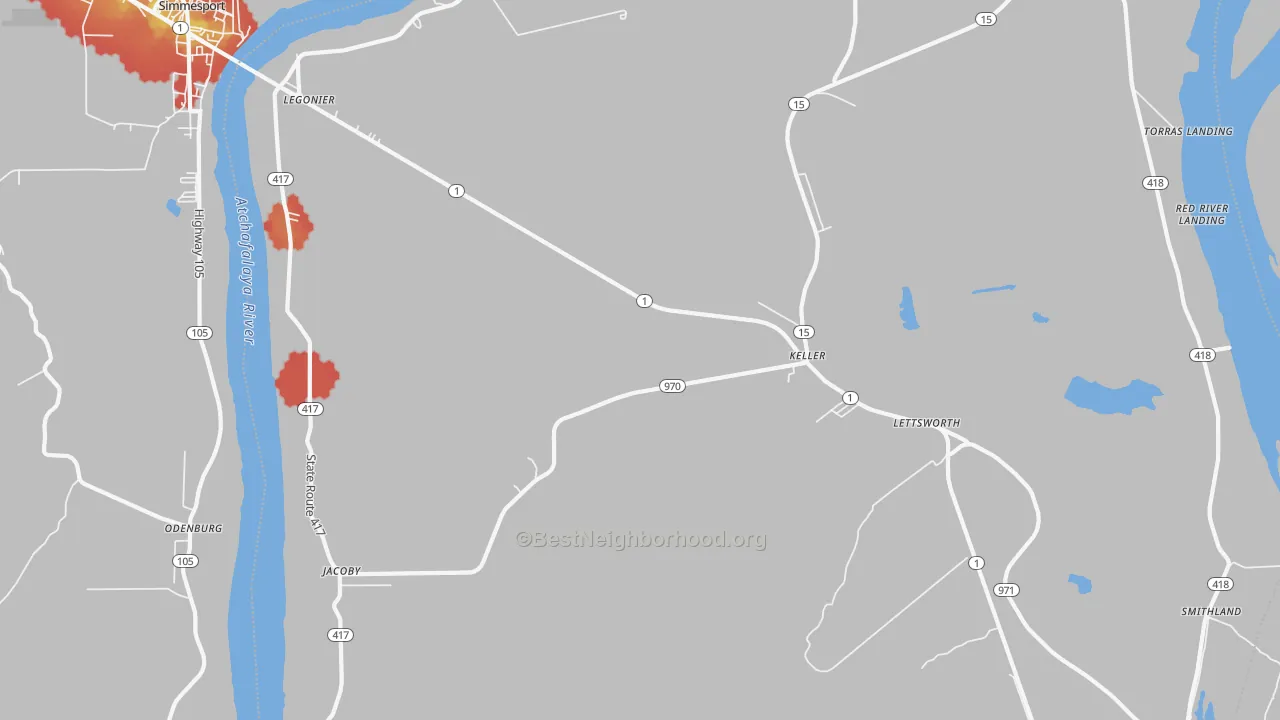 Walk Grade map of Lettsworth, LA, walkable areas in green and car-dependent areas in red
