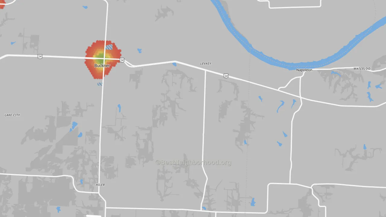 Walk Grade map of Levasy, MO, walkable areas in green and car-dependent areas in red