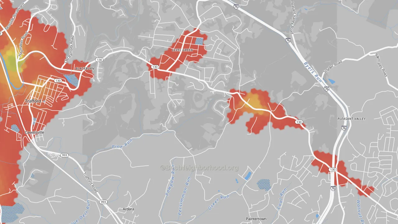 Walk Grade map of Level Green, PA, walkable areas in green and car-dependent areas in red