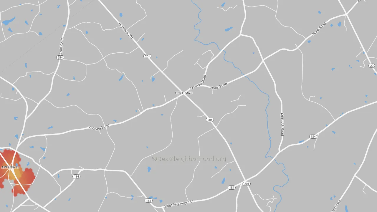 Walk Grade map of Level Land, SC, walkable areas in green and car-dependent areas in red