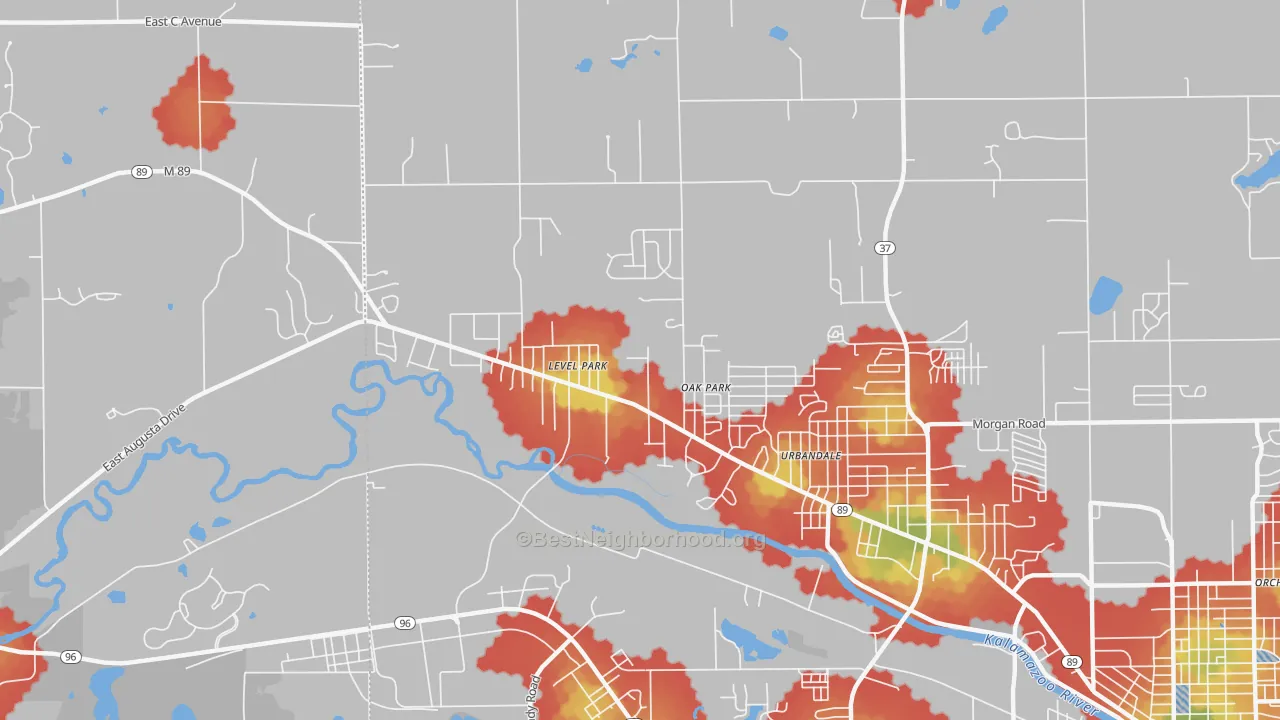 Walk Grade map of Level Park-Oak Park, MI, walkable areas in green and car-dependent areas in red