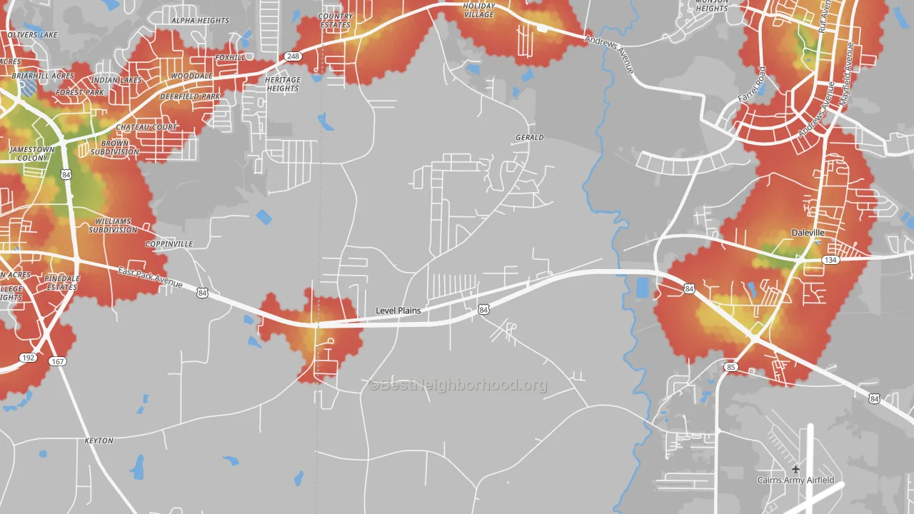 Walk Grade map of Level Plains, AL, walkable areas in green and car-dependent areas in red