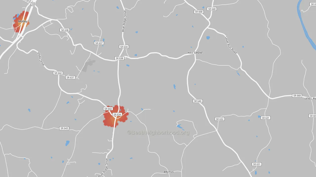 Walk Grade map of Level Run, VA, walkable areas in green and car-dependent areas in red