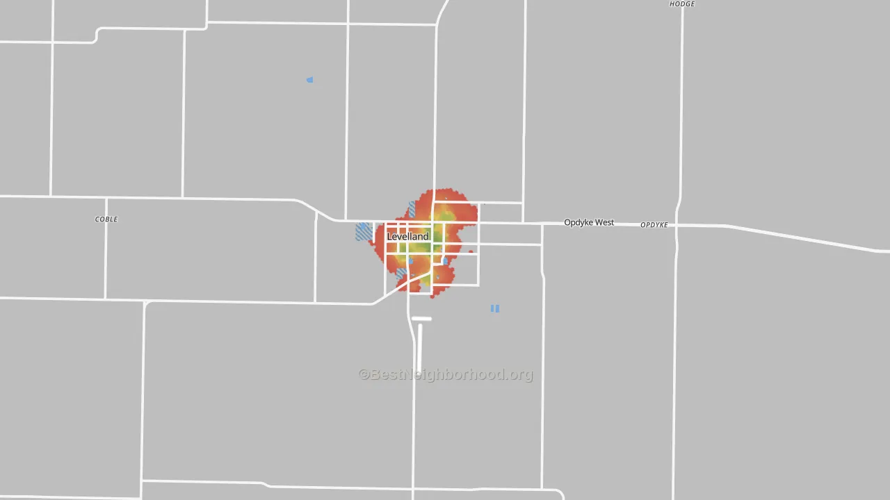 Walk Grade map of Levelland, TX, walkable areas in green and car-dependent areas in red