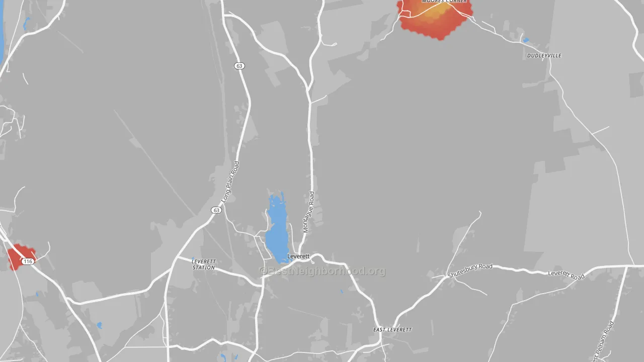 Walk Grade map of Leverett, MA, walkable areas in green and car-dependent areas in red
