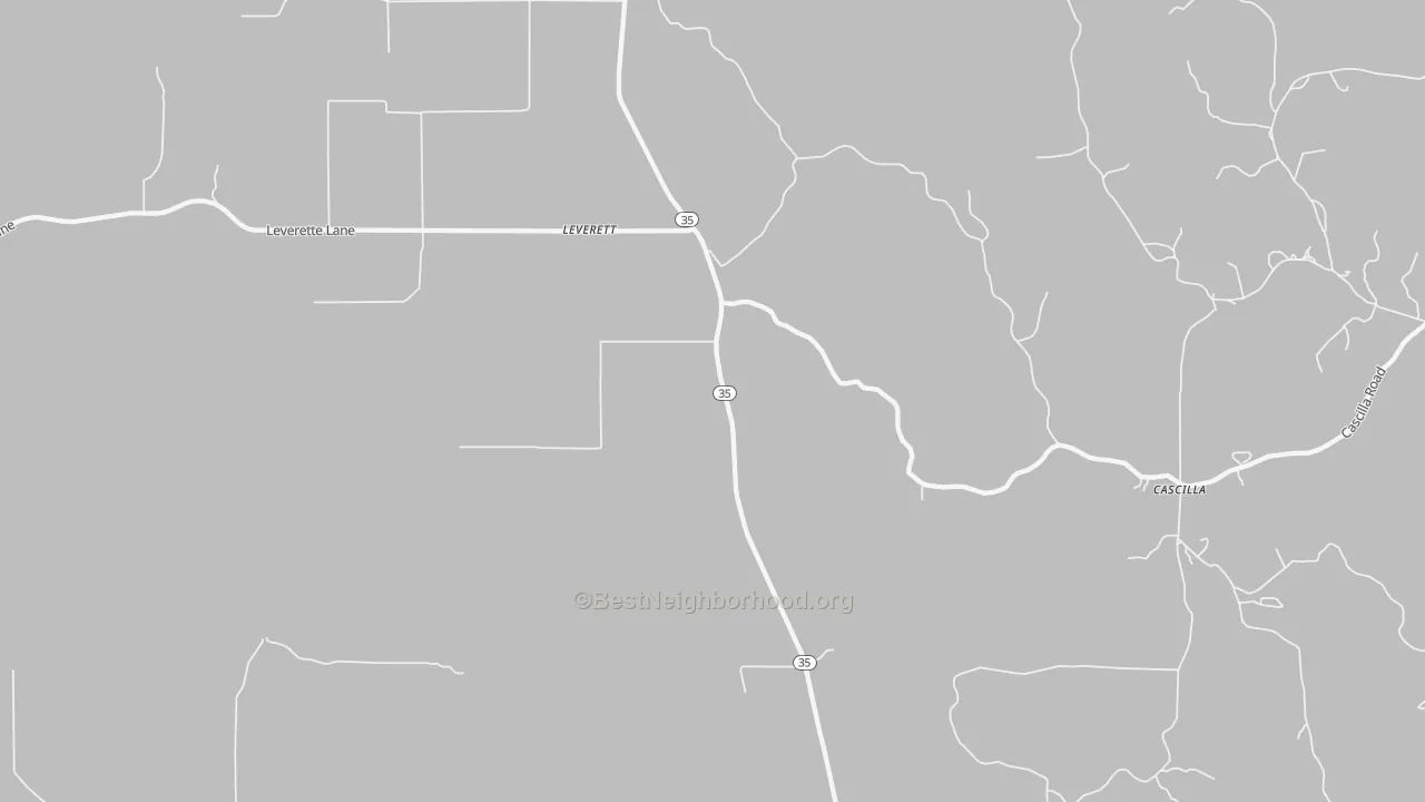 Walk Grade map of Leverett, MS, walkable areas in green and car-dependent areas in red