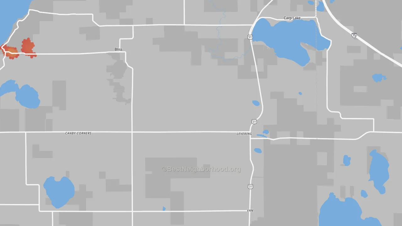 Walk Grade map of Levering, MI, walkable areas in green and car-dependent areas in red