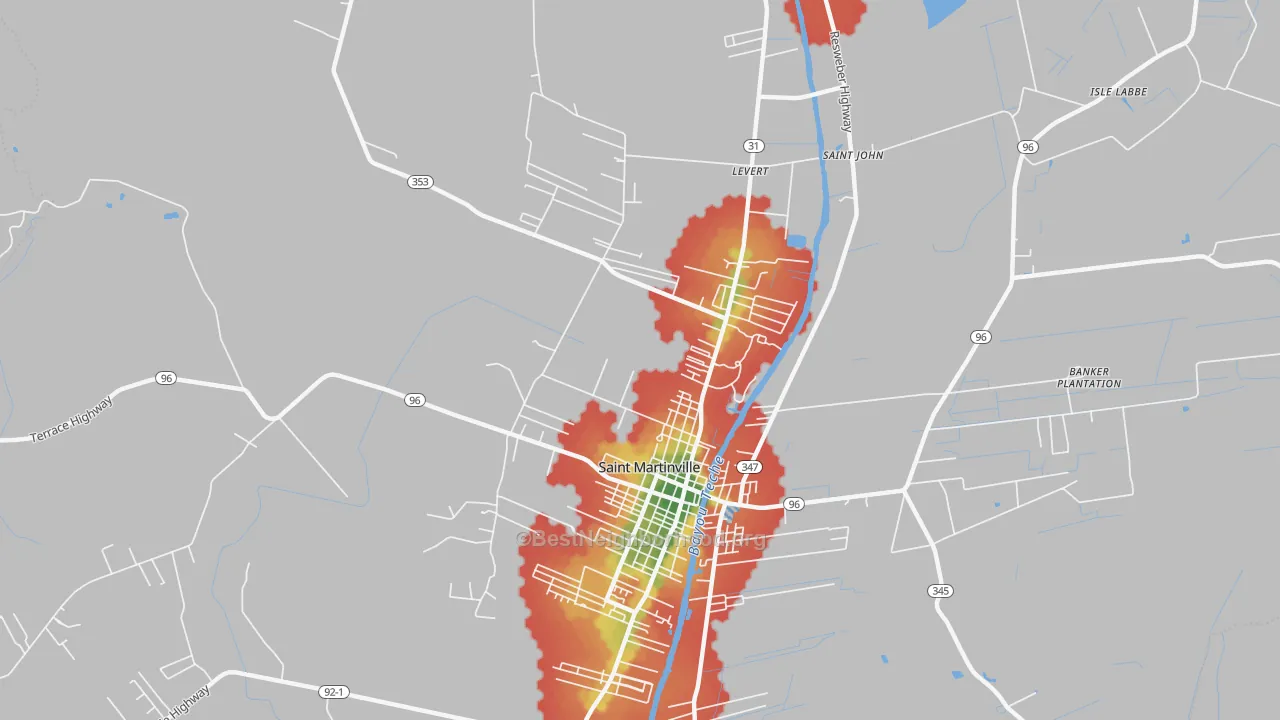 Walk Grade map of Levert, LA, walkable areas in green and car-dependent areas in red