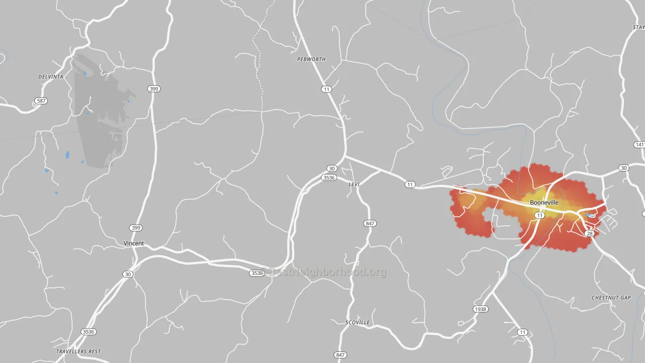 Walk Grade map of Levi, KY, walkable areas in green and car-dependent areas in red