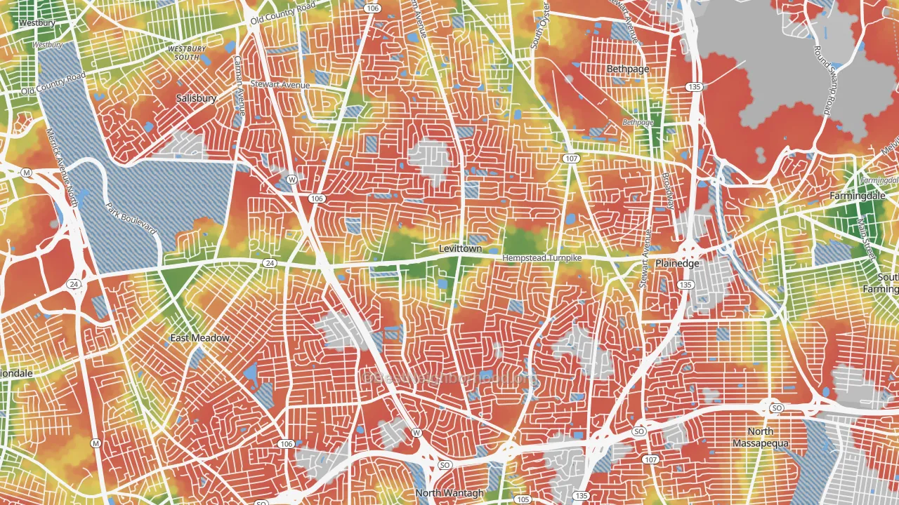 Walk Grade map of Levittown, NY, walkable areas in green and car-dependent areas in red