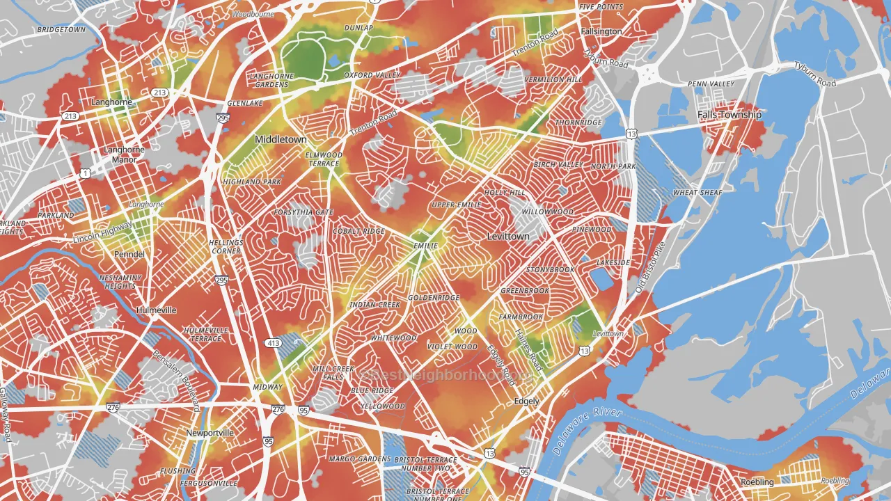 Walk Grade map of Levittown, PA, walkable areas in green and car-dependent areas in red