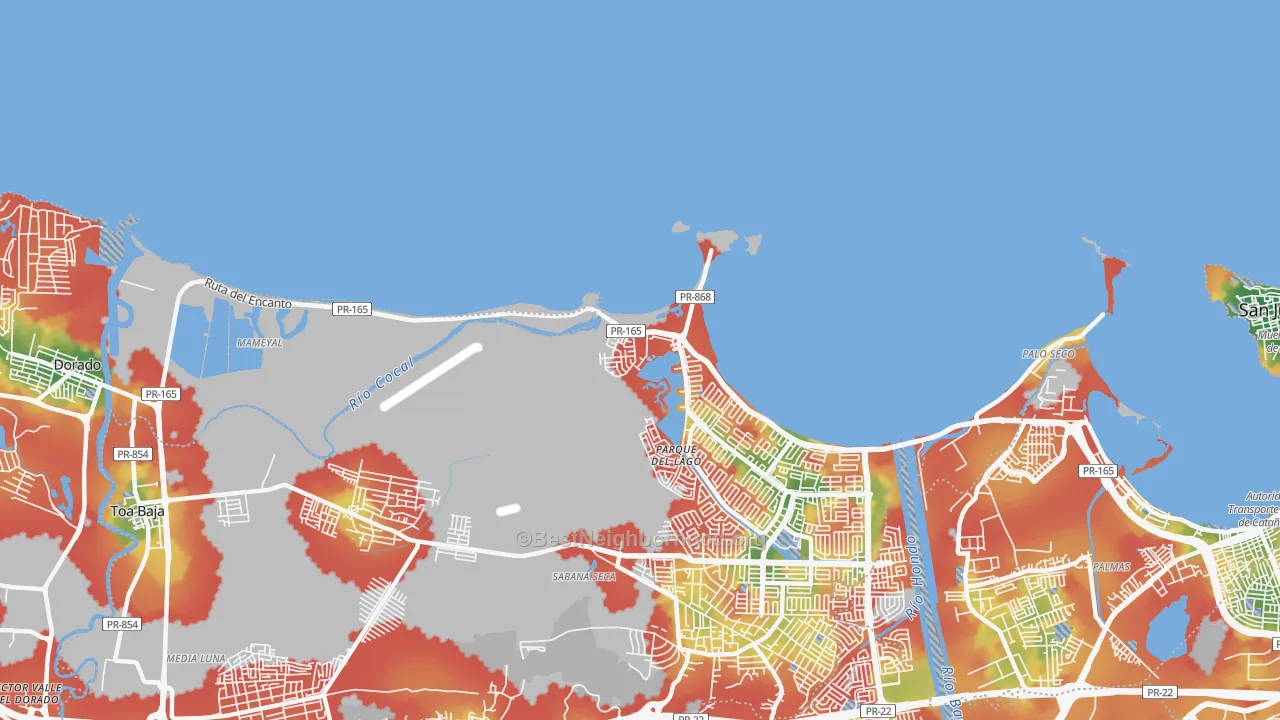 Walk Grade map of Levittown, PR, walkable areas in green and car-dependent areas in red