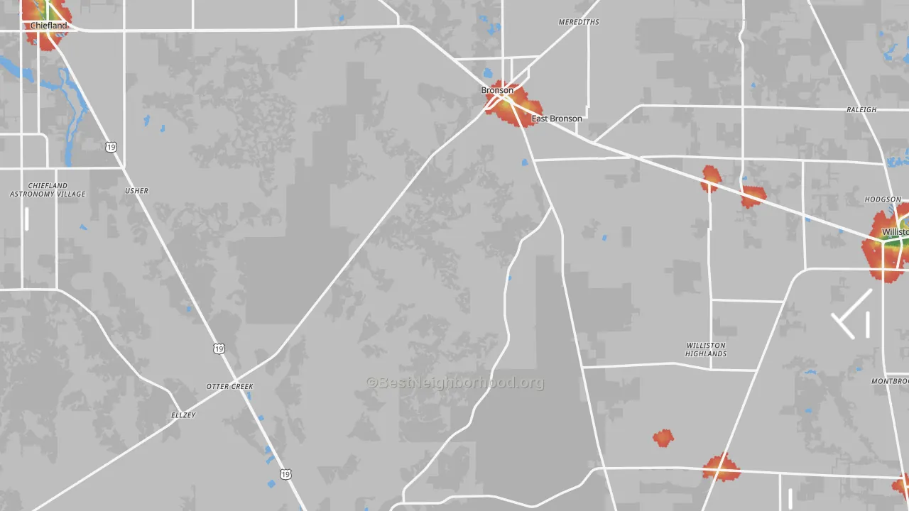Walk Grade map of Levy County, FL, walkable areas in green and car-dependent areas in red