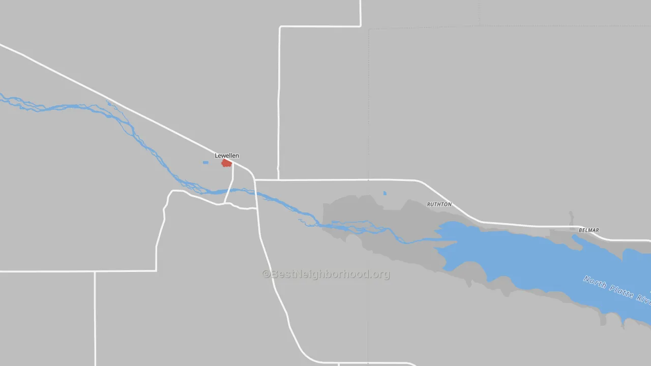 Walk Grade map of Lewellen, NE, walkable areas in green and car-dependent areas in red