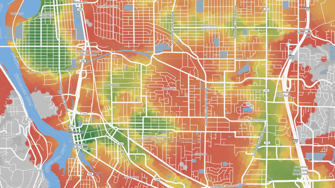 Walk Grade map of Lewelling, Milwaukie, OR, walkable areas in green and car-dependent areas in red