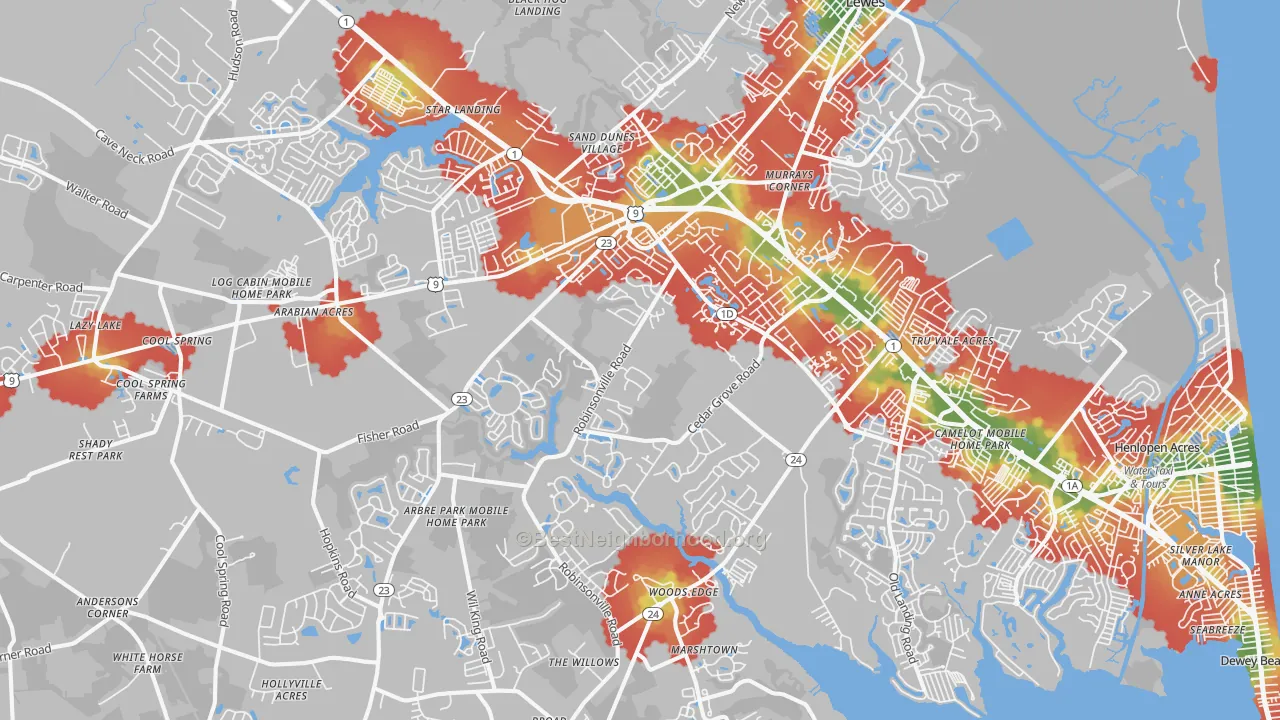 Walk Grade map of Lewes, DE, walkable areas in green and car-dependent areas in red