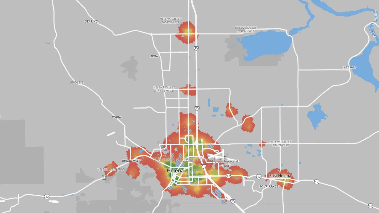 Walk Grade map of Lewis and Clark County, MT, walkable areas in green and car-dependent areas in red