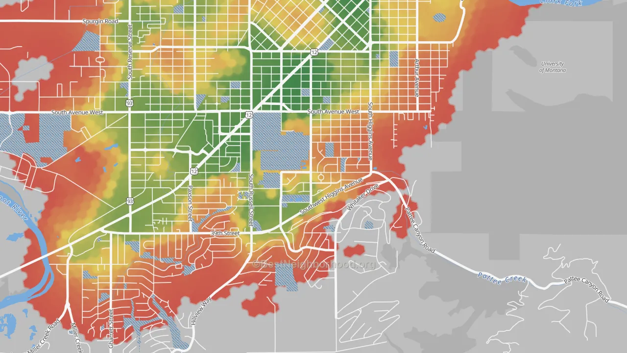 Walk Grade map of Lewis and Clark, Missoula, MT, walkable areas in green and car-dependent areas in red