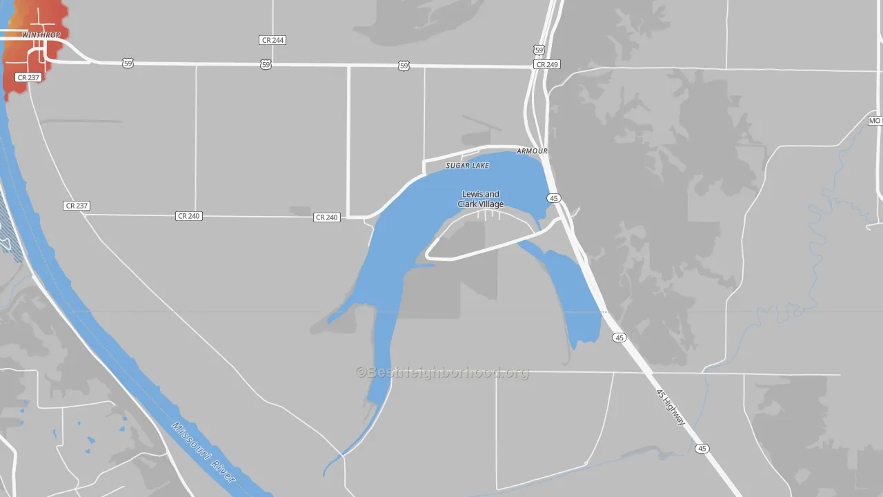 Walk Grade map of Lewis and Clark Village, MO, walkable areas in green and car-dependent areas in red