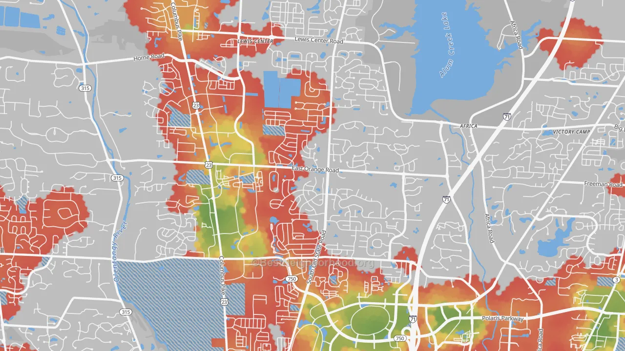Walk Grade map of Lewis Center, OH, walkable areas in green and car-dependent areas in red