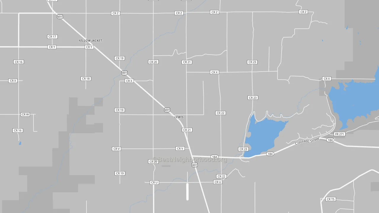 Walk Grade map of Lewis, CO, walkable areas in green and car-dependent areas in red