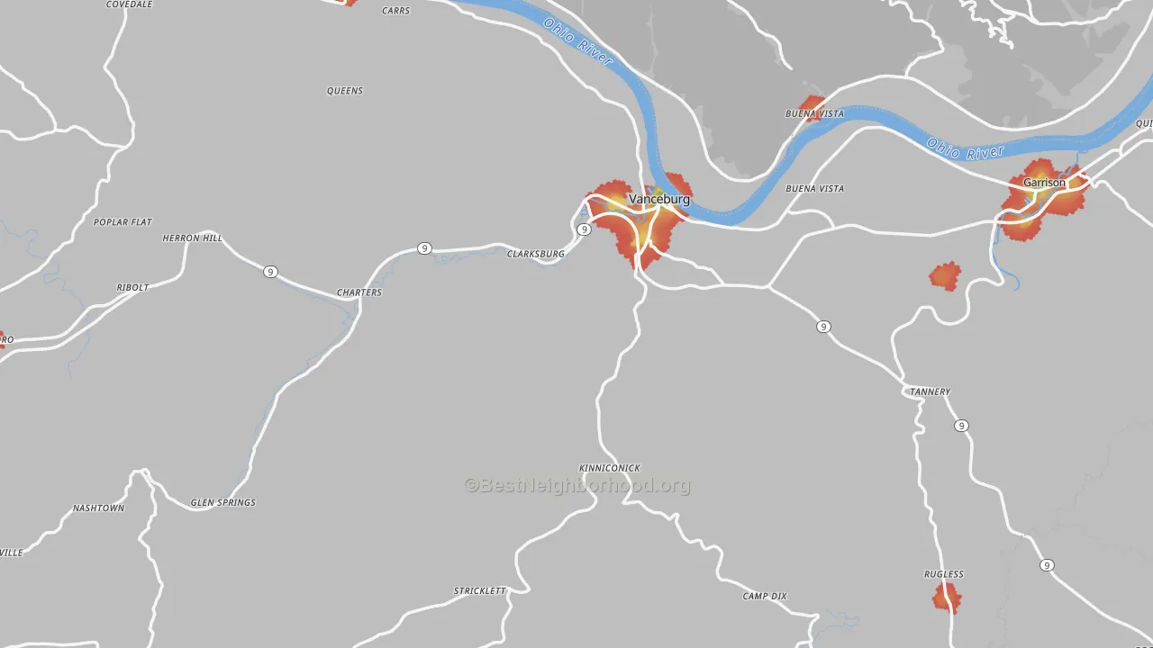 Walk Grade map of Lewis County, KY, walkable areas in green and car-dependent areas in red