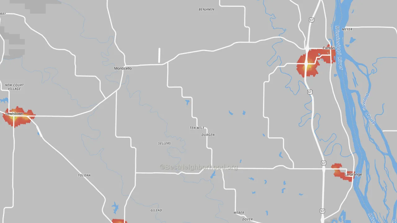 Walk Grade map of Lewis County, MO, walkable areas in green and car-dependent areas in red