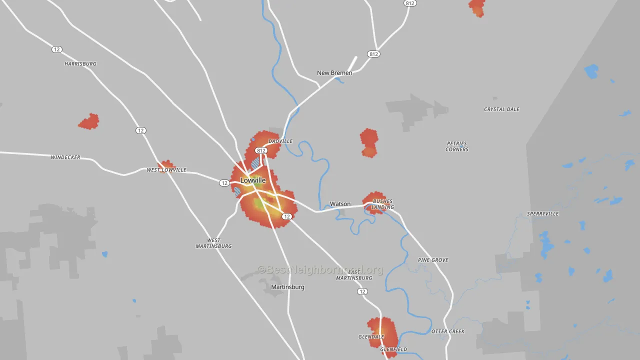 Walk Grade map of Lewis County, NY, walkable areas in green and car-dependent areas in red