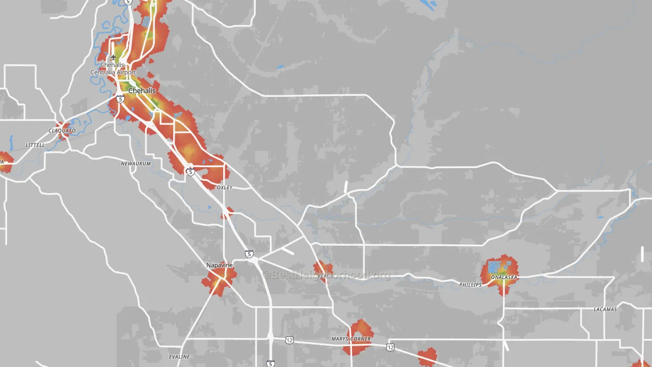Walk Grade map of Lewis County, WA, walkable areas in green and car-dependent areas in red