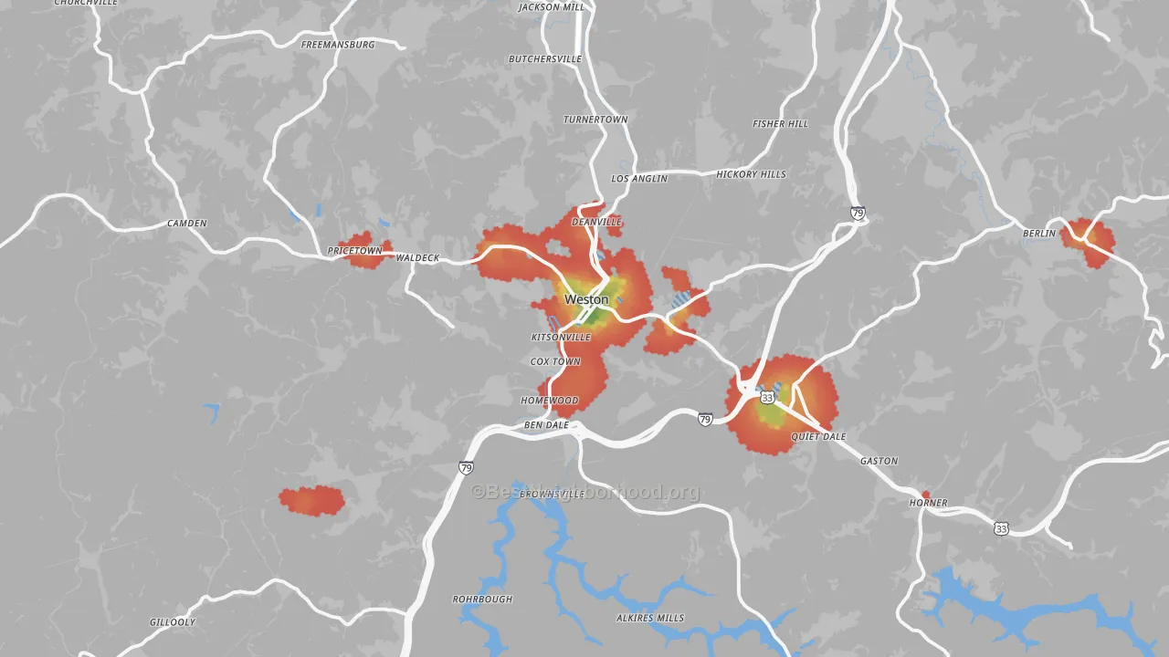 Walk Grade map of Lewis County, WV, walkable areas in green and car-dependent areas in red