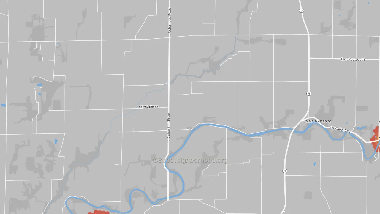 Walk Grade map of Lewis Creek, IN, walkable areas in green and car-dependent areas in red