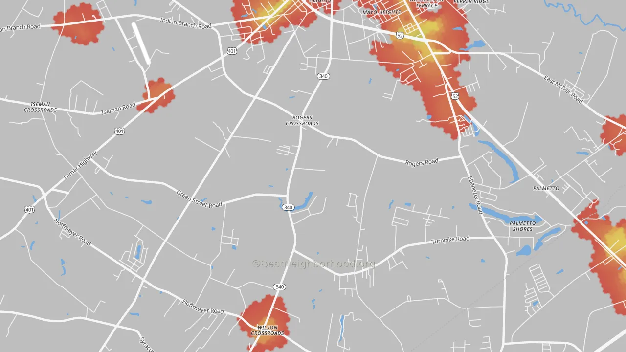 Walk Grade map of Lewis Crossroads, SC, walkable areas in green and car-dependent areas in red