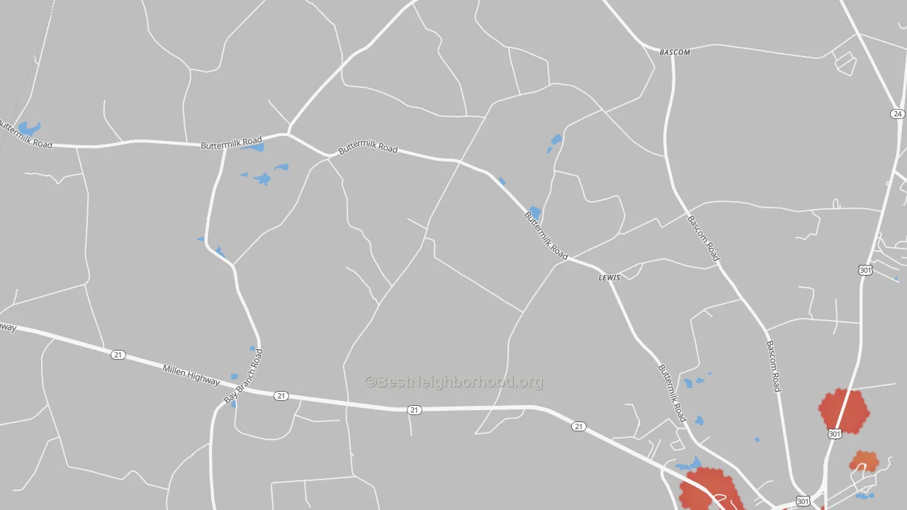 Walk Grade map of Lewis, GA, walkable areas in green and car-dependent areas in red