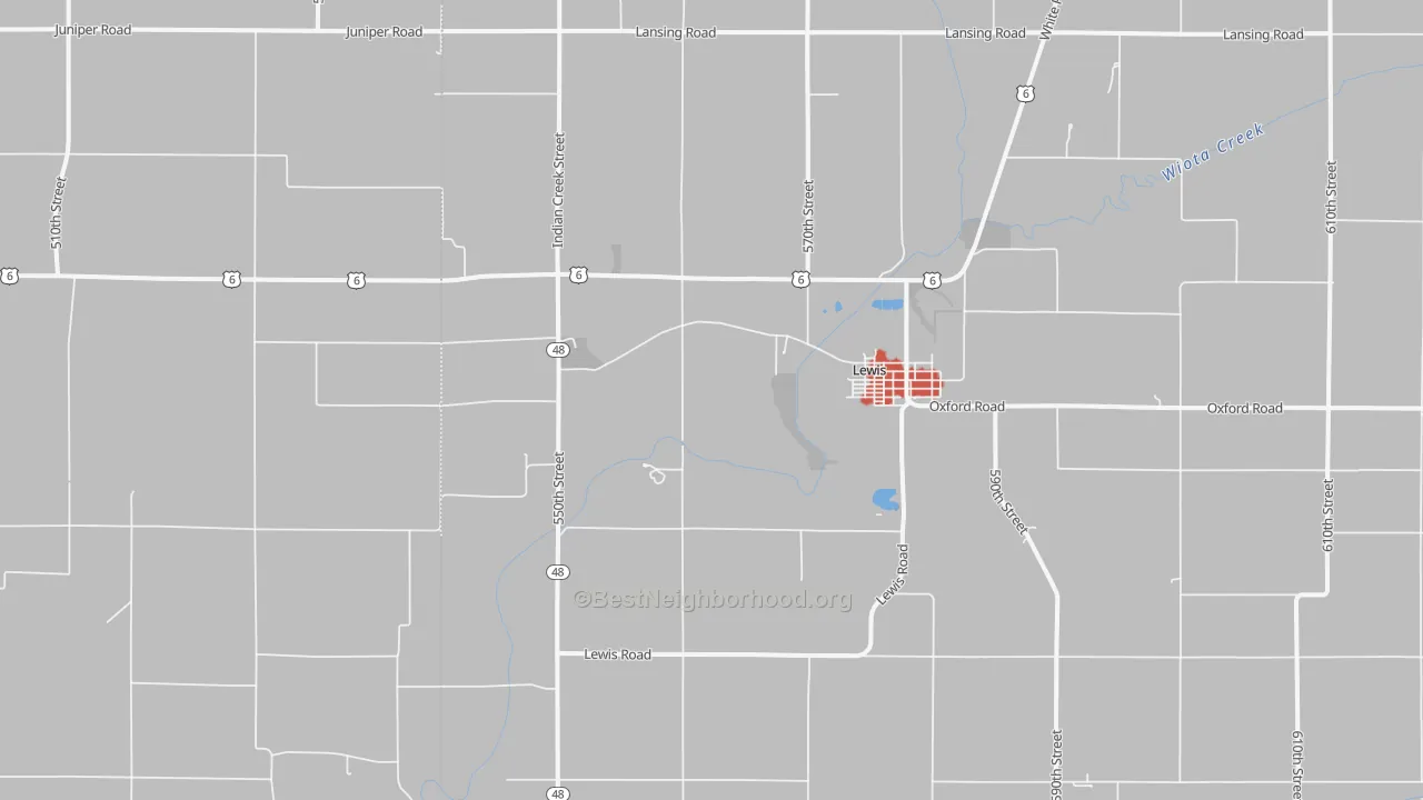 Walk Grade map of Lewis, IA, walkable areas in green and car-dependent areas in red