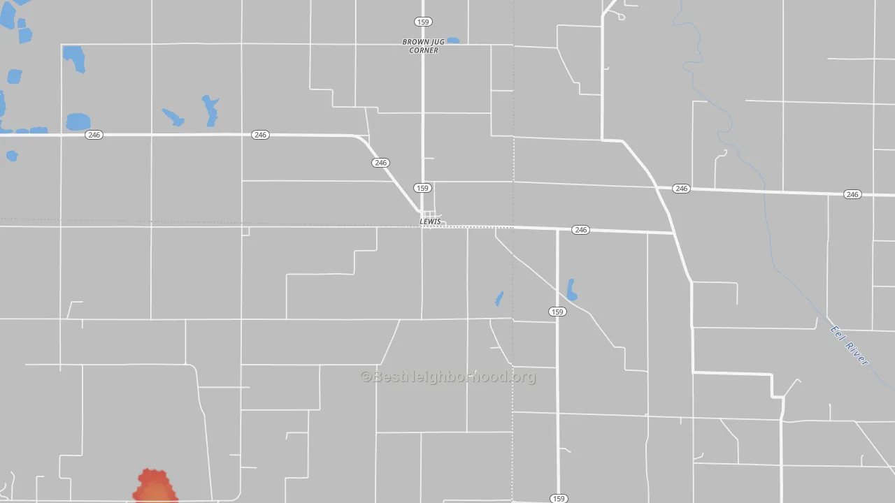 Walk Grade map of Lewis, IN, walkable areas in green and car-dependent areas in red