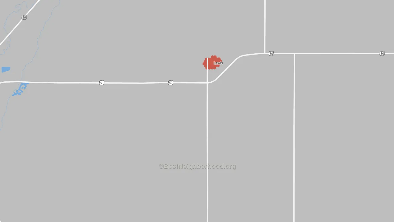 Walk Grade map of Lewis, KS, walkable areas in green and car-dependent areas in red