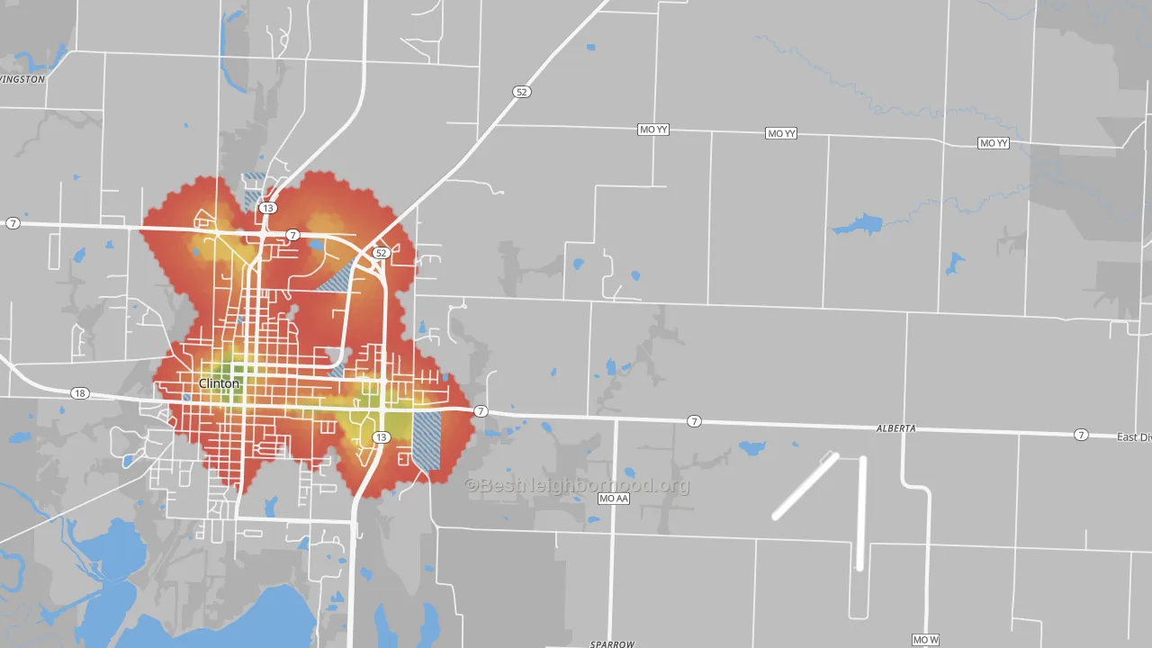 Walk Grade map of Lewis, MO, walkable areas in green and car-dependent areas in red
