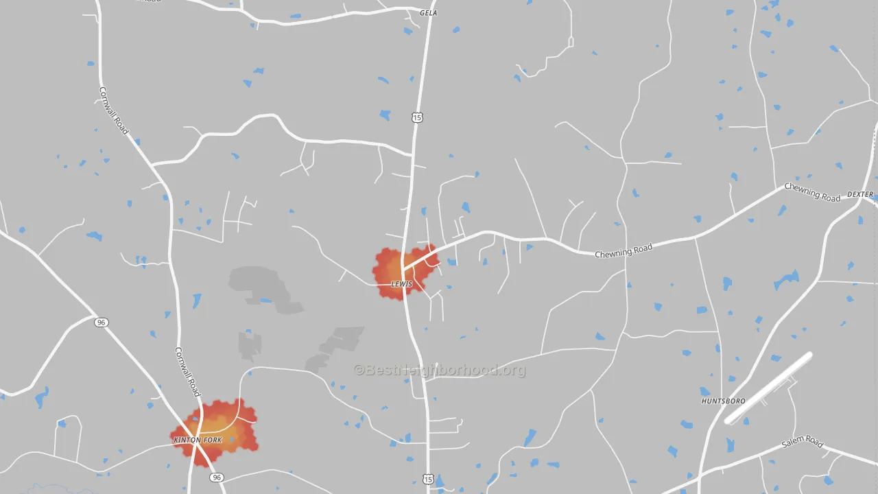Walk Grade map of Lewis, NC, walkable areas in green and car-dependent areas in red