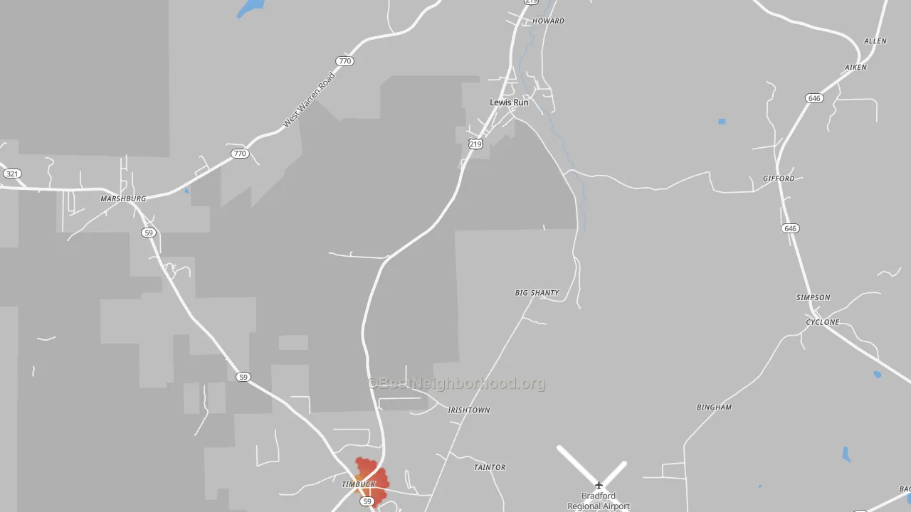 Walk Grade map of Lewis Run, PA, walkable areas in green and car-dependent areas in red