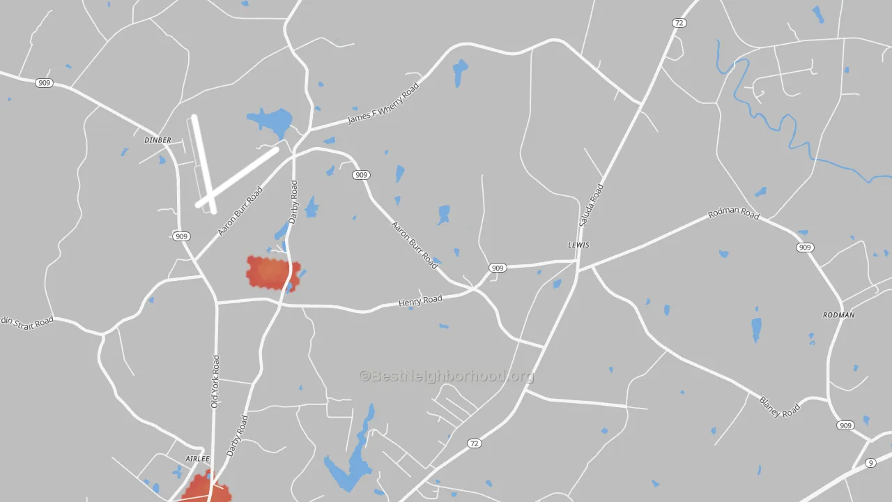 Walk Grade map of Lewis, SC, walkable areas in green and car-dependent areas in red
