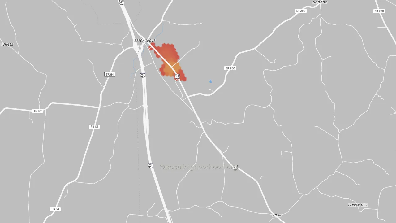 Walk Grade map of Lewis Store, TN, walkable areas in green and car-dependent areas in red