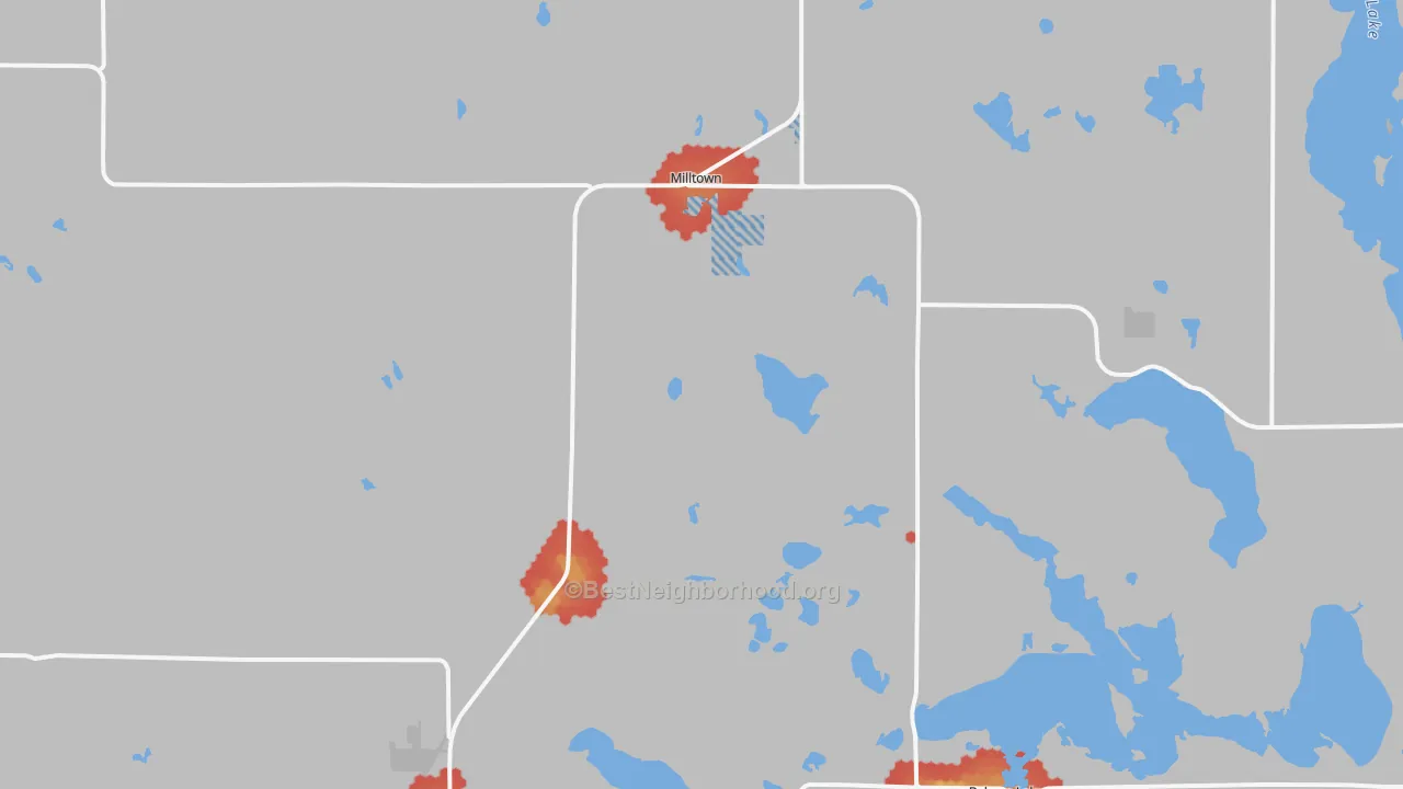 Walk Grade map of Lewis, WI, walkable areas in green and car-dependent areas in red