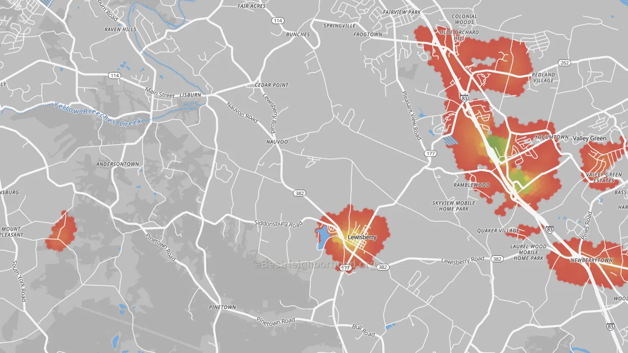 Walk Grade map of Lewisberry, PA, walkable areas in green and car-dependent areas in red