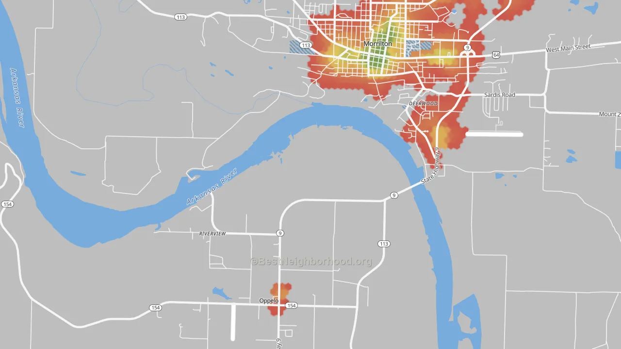 Walk Grade map of Lewisburg, AR, walkable areas in green and car-dependent areas in red